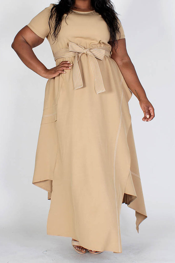 Tan Round Neck Asymmetrical Hem Dress ...